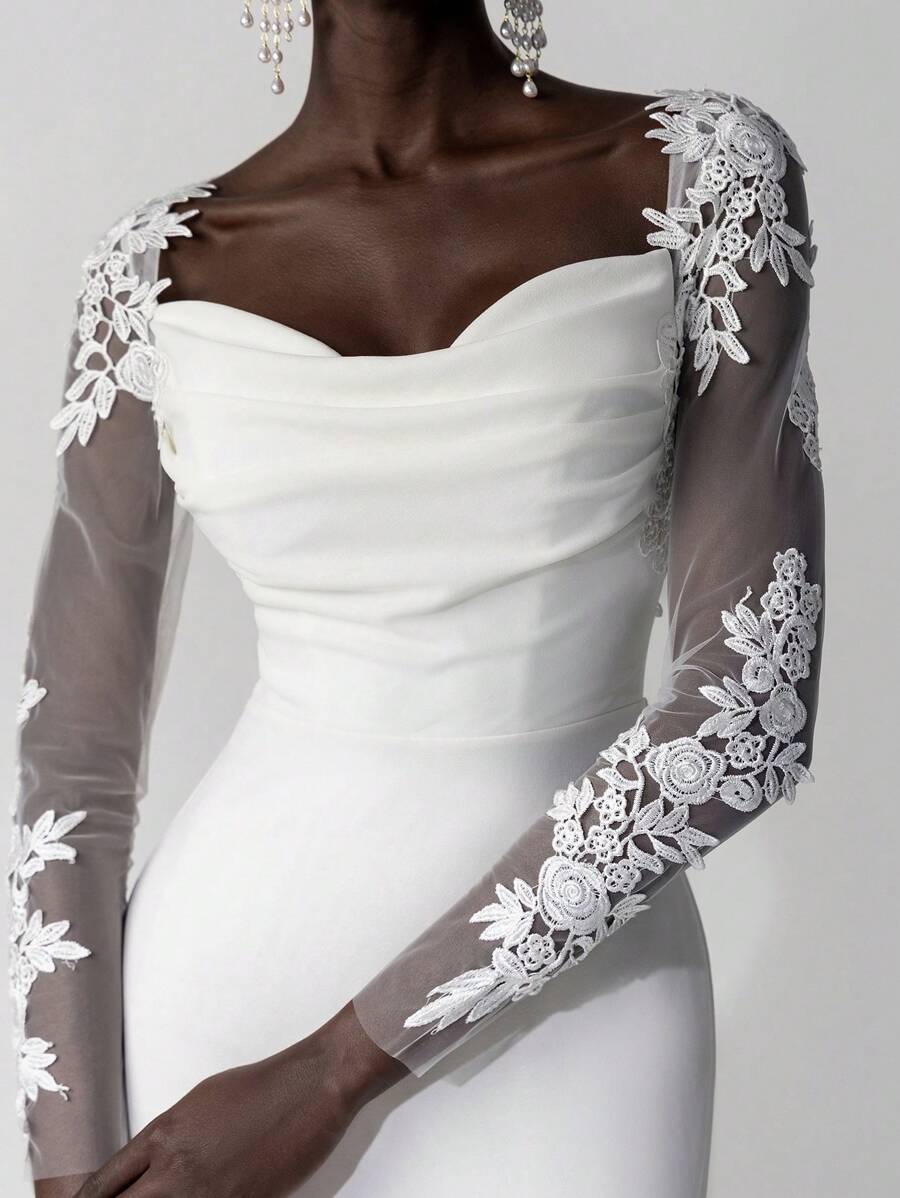 SHEIN Belle Elegant Luxury Embroidered Lace Applique Sheer Long Sleeve Sexy Backless Elastic Ruched Fishtail Maxi Dress With Detachable Train, Suitable For Weddings, Events, Parties, Honeymoons, Bridal,Bride - Beige - View 1