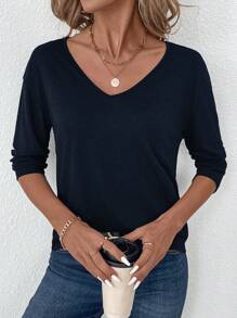 SHEIN LUNE 1 szt. Damska prosta, jednokolorowa koszulka z dekoltem w serek i długim rękawem, uniwersalny, swobodny krój, odpowiednia na jesień/zimę