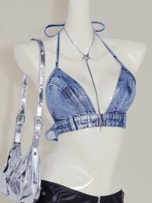 SHEIN ICON 女士休闲露背牛仔 Y2K 性感短款女式银箔印花上衣，简约时尚，适合春夏海滩日常穿着 - 中等水洗藍 - 查看 4