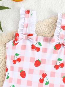 SHEIN Newborn One-Piece Swimsuit With Strawberry Plaid Print, Ruffle Trim & Bow Design, Cute