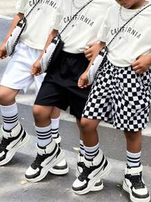 Buy 2 Get 1 Free - 3pcs/Set Young Boys/Girls Loose Comfortable Casual Fashion Sporty Patterned Knit Shorts, White Shorts X 2 + Black Shorts, Suitable For Spring/Summer, Everyday, Sports, Outings, School, Parties, Festivals, Photoshoots