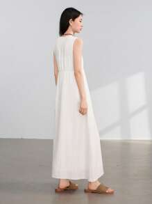 Dazy-Less Casual Business Waisted A-Line Button Decor V-Neck Solid Color Midi Dress For Women Old Money Style Sundress Linen - White - View 5