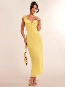 SHEIN BAE Spring Elegant Vacation Party Dress For Women, Solid Color Deep V-Neck Ruffle Trim Sexy Backless A-Line Midi Dress, Suitable For Romantic Dates, Outing With Friends, Vacation Activities, And Daily Elegant Occasions