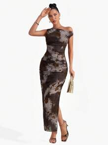 SHEIN Clasi Women's Tie-Dye Printed Pleated Slim-Fit Oblique Shoulder Mesh Dress Spring Women Outfits Date Night Dress