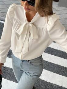 Pariaura 女士优雅通勤衬衫，单排扣，蝴蝶结，荷叶边，泡泡袖，适合春秋季节 - 杏色 - 查看 3