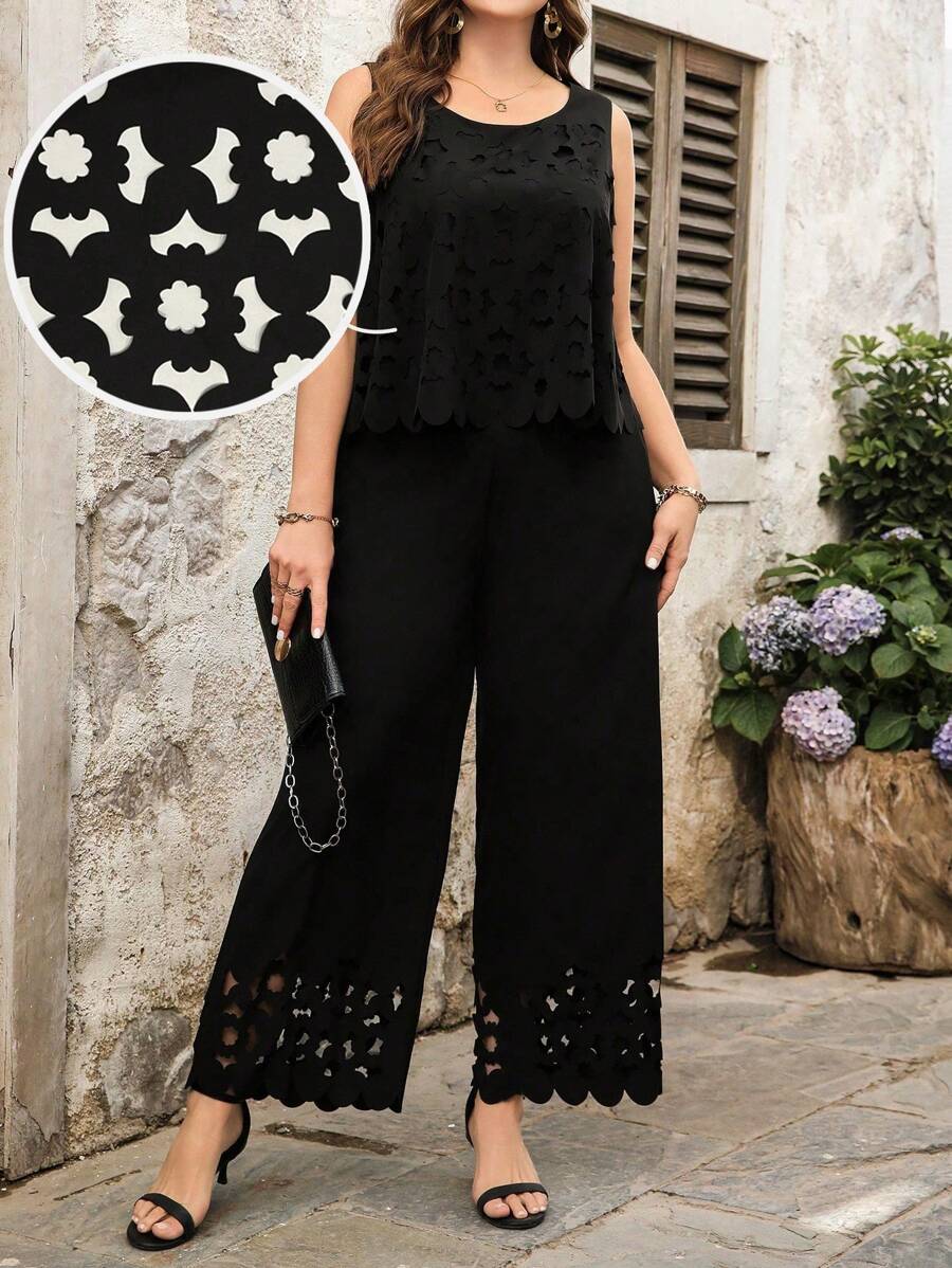 SHEIN LUNE Plus Size Women Floral Hollow Design Vintage Commuting Black Round Neck Sleeveless Top And Simple Long Pants 2 Pieces Set, Spring/Summer - Black - View 1