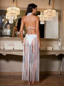 Anewsta Women's Solid Color Halter Neck Bikini Set With Tassel Cover Up Skirt, For Summer Beach Vacation