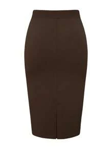 SHEIN Clasi Plus Button Detail Pencil Skirt - Coffee Brown - View 4