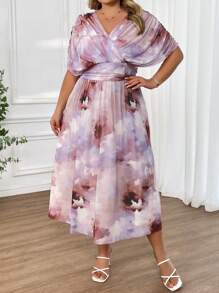 SHEIN CURVE+ Vestido largo con estampado floral elegante de manga de murciélago para tallas grandes, primavera/verano