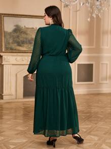 Modelyn 大码纯色长袖休闲连衣裙，简约时尚，适合日常穿着 - 墨綠色 - 查看 2