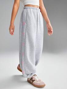 SHEIN Tween Girls Grey Extra Long Polyester Pants With Pockets And Pink Bow Details - Grey - View 7