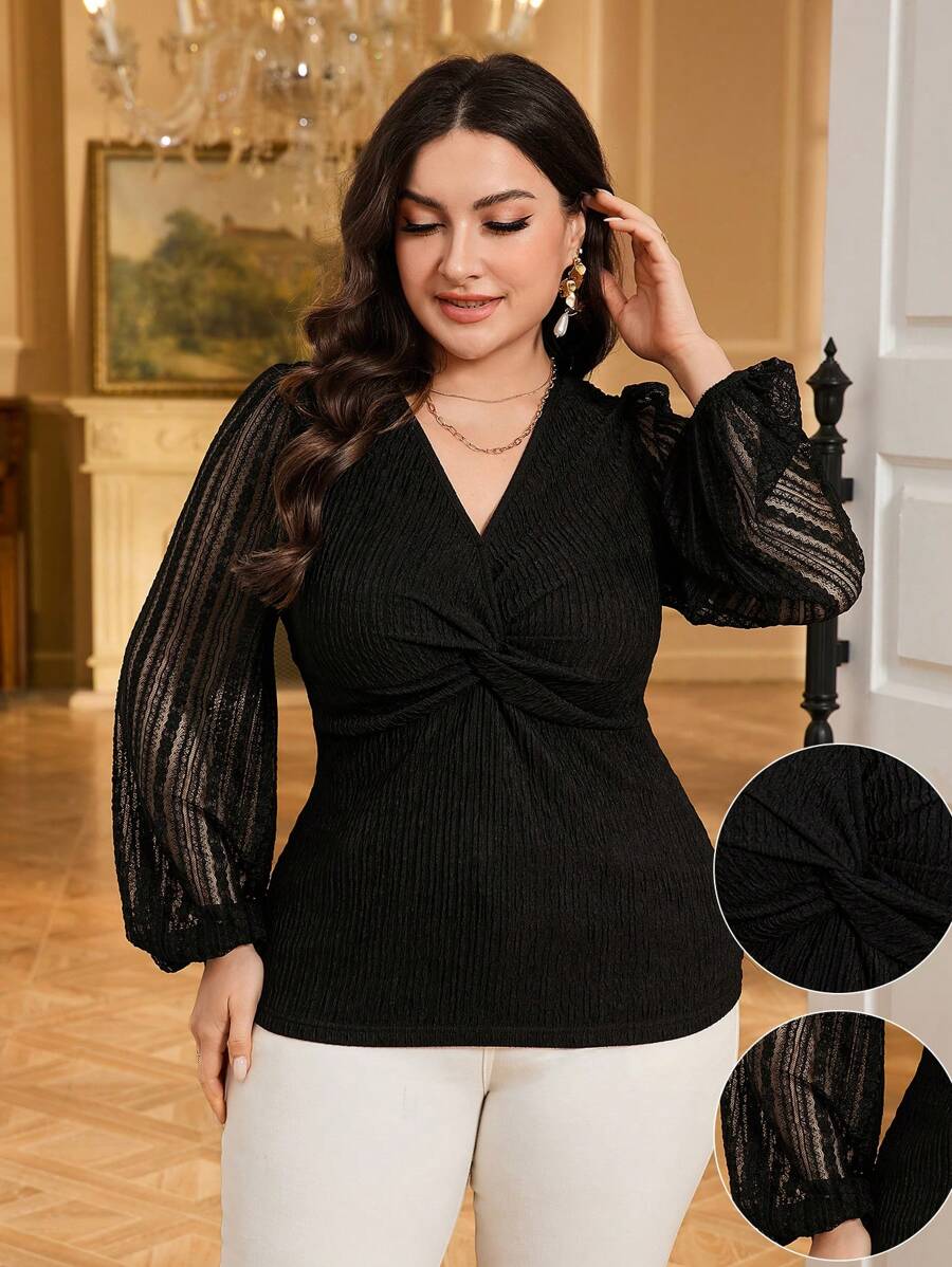 Seusyu Plus Size Elegant Solid Color Textured Twist Splice Lace Lantern Sleeve T-Shirt Fall - Black - View 1