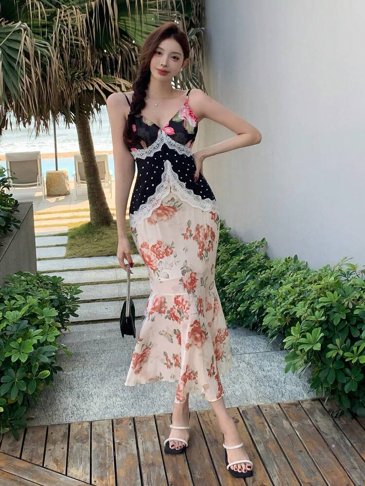 Women's Midi Slip Dress With Hollow Lace Trim, Contrast Color Block And Floral Print, Suitable For Wedding, Party, Vacation Summer Elegant Prom Dress Cocktail Dress