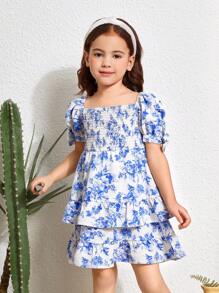 Young Girl Chiffon Ditsy Floral Ruched Puffed Sleeve Snug Fit Casual Dress - Blue - View 1
