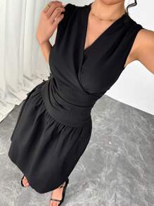 Modelyn Women's V-Neck Sleeveless Ruched A-Line Dress - Black - View 7