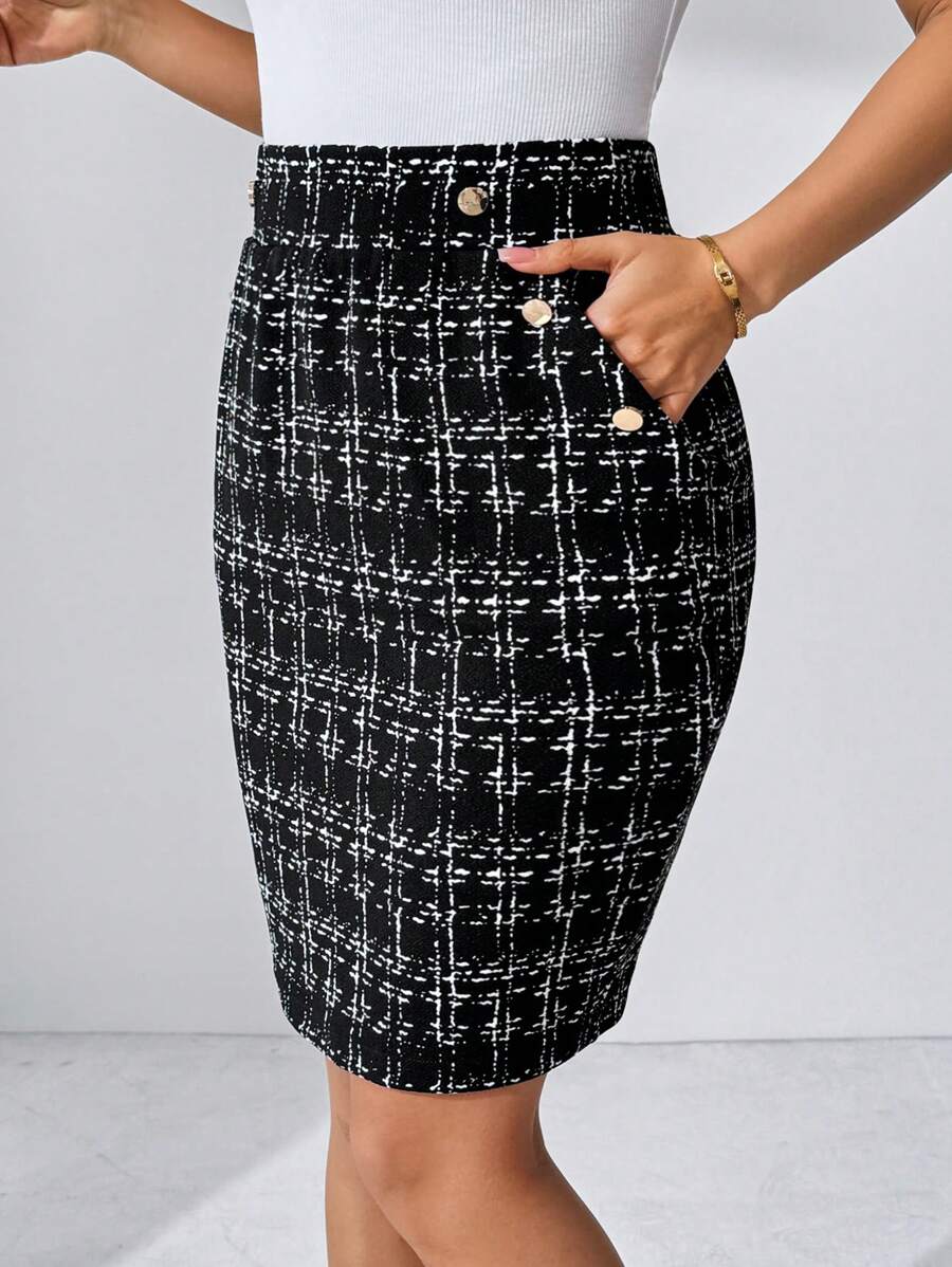 SHEIN Clasi Women's Elegant Faux Leather Pocket With Metal Buckle Skirt, Suitable For Work, Casual And Daily Wear In Summer