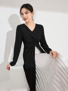 Modelyn 女士纯色拼布长袖休闲中长连衣裙 - 黑與白 - 查看 3