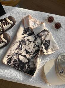 SHEIN Leap Crew 男童/女童休闲舒适时尚街头狮子印花衬衫，适合春夏季