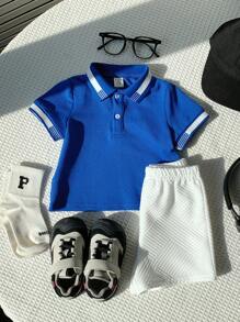 SHEIN Leap Crew 2pcs Set Casual Baby Boy/Girl Contrast Color Striped Detail Half Open Polo Shirt With Elastic Waist Knit Shorts, Suitable For Spring/Summer Everyday Wear - Blue - View 4