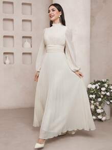 Veilorie 女士纯色领口透明灯笼袖褶边优雅阿拉伯连衣裙 - 黃色 - 查看 6