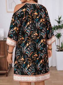 Breezaya Plus Size Women's Plant Print Off Shoulder Loose Vacation Dress