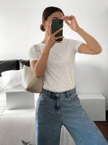 Siren Gaze Women's Embroidery Round Neck Short Sleeve Casual T-Shirt, Simple, Work, Textured Fabric, Round Neck Simple T-Shirt, Good Rebound And Good Breathability, White Top, Suitable For Commuting And Daily Wear, Spring/Summer