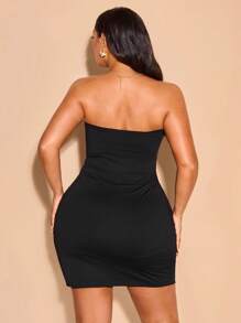 SHEIN BAE Plus Size Women's Casual Black Ruched Tube Top Elastic Slit Mini Dress, Summer,Graduation Dress,Birthday Dresses For Women