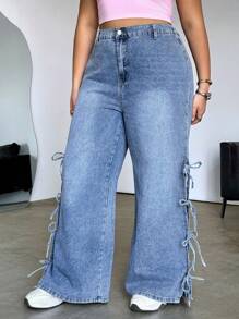 SHEIN MOD Jeans anchos de pierna ancha y sueltos de talla grande con lazo en la cintura, jeans con lazo, pantalones de jeans para mujeres, pantalones holgados para mujeres, azul - Lavado ligero - Ver 5