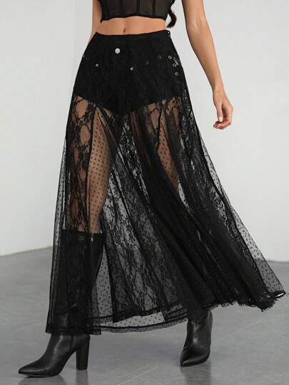 SHEIN Tall Black Music Festival Women's Country Concert Beach Resort Country Music Festival Lace See-Through Low Waist Black Skirt For Women