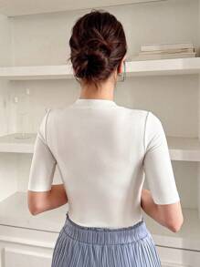 Women's Casual Versatile Solid Color Mid-Sleeve T-Shirt - White - View 5