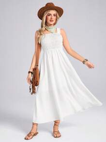 Wildy Sea Dress Western Boho Women Clothing Easter Women Dress Spring White Sleeveless Smocked A-Line Mid-Length Dress For Women - White - View 3