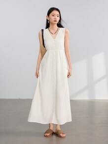 Dazy-Less Casual Business Waisted A-Line Button Decor V-Neck Solid Color Midi Dress For Women Old Money Style Sundress Linen - White - View 7