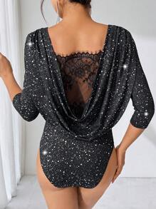 Ellevyn Women's Elegant Sexy Black Plunge Draped Neck Lace Patchwork Short Sleeve Slim Fit Bodysuit - Black - View 2