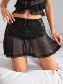 FairyFlirt Pantalón de pijama transparente de encaje delicado en estilo de princesa encantadora para mujer