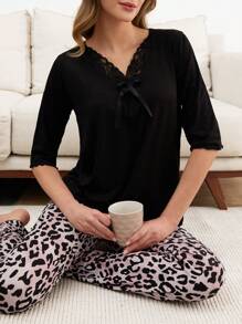 RueChic Cottenline Women 2 Pcs Lace Detail Shirt And Contrast Colour Leopard Pattern Sleep Bottom PJ Set - Black - View 4