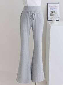 Tween Girls' Solid Color Belted High Waist Flare Knit Pants