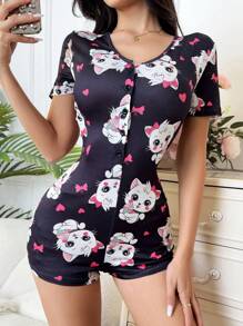 Women's Heart Cat Graphic Short Sleeve Button-Up Casual Pajama Jumpsuit