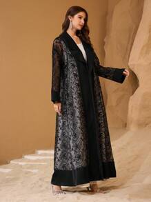 Al Najma 翻领蕾丝刺绣透明阿拉伯长袍长外套 - 黑色 - 查看 6