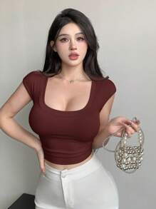 DAZY Áo thun ngắn tay Encore Red Slim Fit dành cho nữ mùa hè - Đỏ - Xem 2