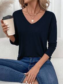 SHEIN LUNE 1 szt. Damska prosta, jednokolorowa koszulka z dekoltem w serek i długim rękawem, uniwersalny, swobodny krój, odpowiednia na jesień/zimę