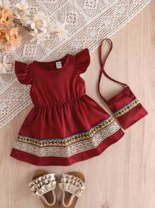 Vestido rojo vino elegante y vintage estilo palacio para niñas bebés con decoración de dobladillo con volantes, incluye bolso a juego, para verano - Burdeos - Ver 4