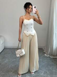 Elenzga 1 Set Elegante Da Donna Composto Da Top Smanicato Con Colletto Su Misura E Pantaloni Plissettati In Vita Alta - Multicolore - Visualizzare 1