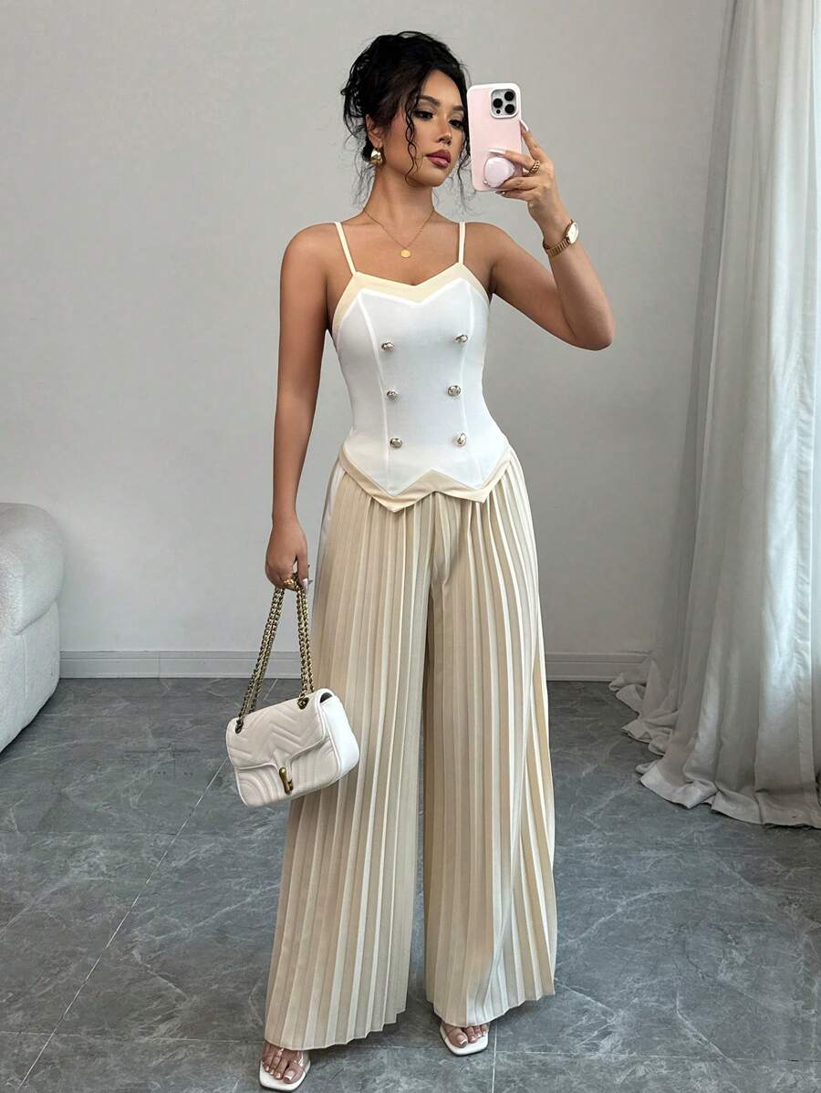 Elenzga 1 Set Elegante Da Donna Composto Da Top Smanicato Con Colletto Su Misura E Pantaloni Plissettati In Vita Alta - Multicolore - Visualizzare 1