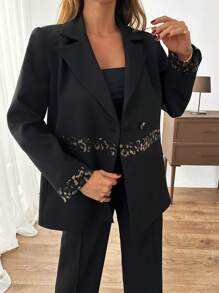 EURMUSE Bộ vest vest công sở thanh lịch dành cho nữ Clasi và quần ống loe, màu đen trơn có họa tiết da báo ở eo và gấu tay, quần âu họa tiết da báo ở thắt lưng - màu đen - Xem 2