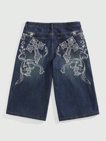 Street Life Men's Cross Graphic Pocket Loose Casual Denim Shorts Jorts