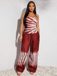 SHEIN SXY 春夏假期波西米亚风西方服饰女装节日红色扎染仿亚麻面料吊带修身背心上衣和松紧腰高腰舒适长裤两件套