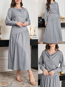 Modelyn 2pcs/Set Women Light Blue Cold Shoulder Top & Asymmetrical Hem Skirt Set Fall Cloth For Women - Baby Blue - View 1