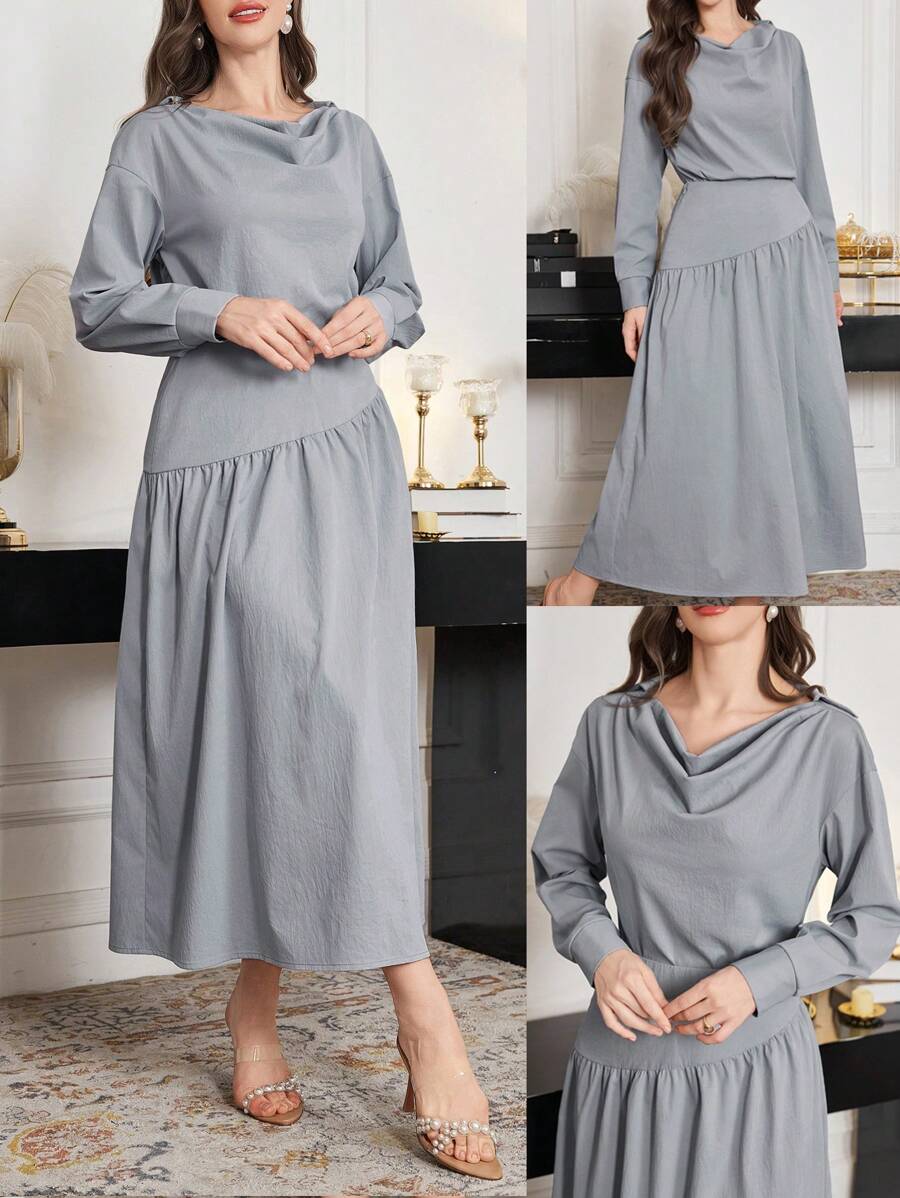 Modelyn 2pcs/Set Women Light Blue Cold Shoulder Top & Asymmetrical Hem Skirt Set Fall Cloth For Women - Baby Blue - View 1