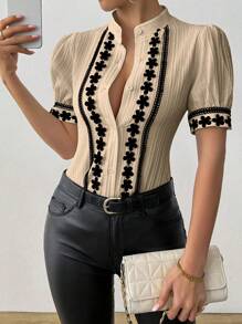 RosyDaze Women's Colorblock Ruffle Trim Textured Fabric Short Puff Sleeve Shirt - Khaki - View 7