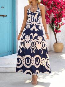 Breezaya Women's Floral Print Casual Halter A-Line Vacation Dress - Navy Blue - View 1